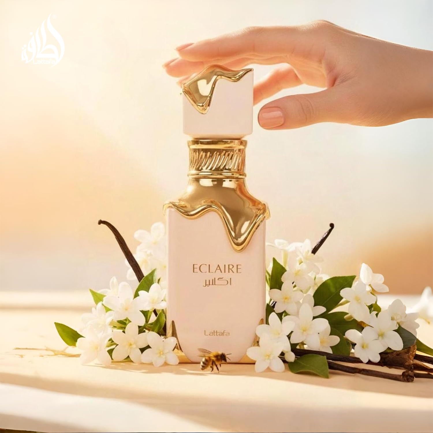 Lattafa Eclaire label and cap detail emphasizing premium finish and durability