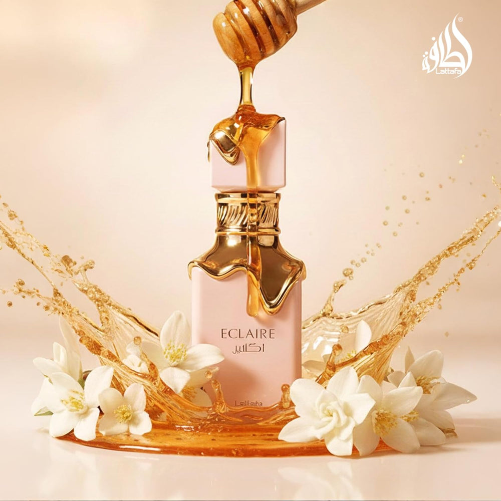 Lattafa Eclaire liquid color detail conveying warm caramel-vanilla tones