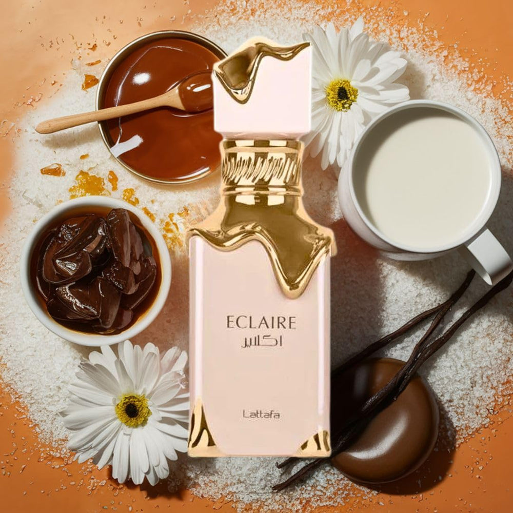 Lattafa Eclaire being sprayed on wrist demonstrating fragrance application and glow