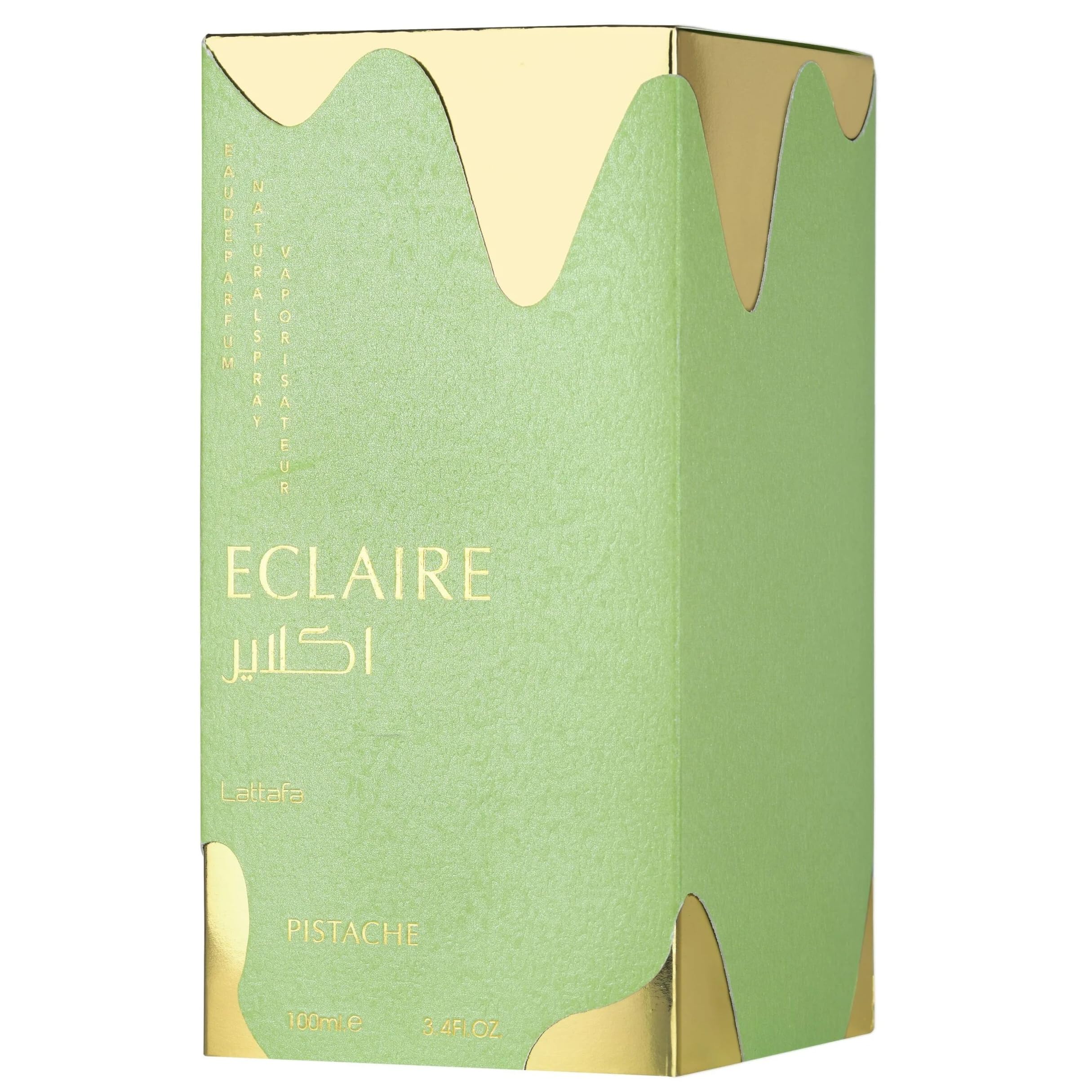 Lattafa Eclaire Pistache on vanity with scarf illustrating cozy wearable gourmand