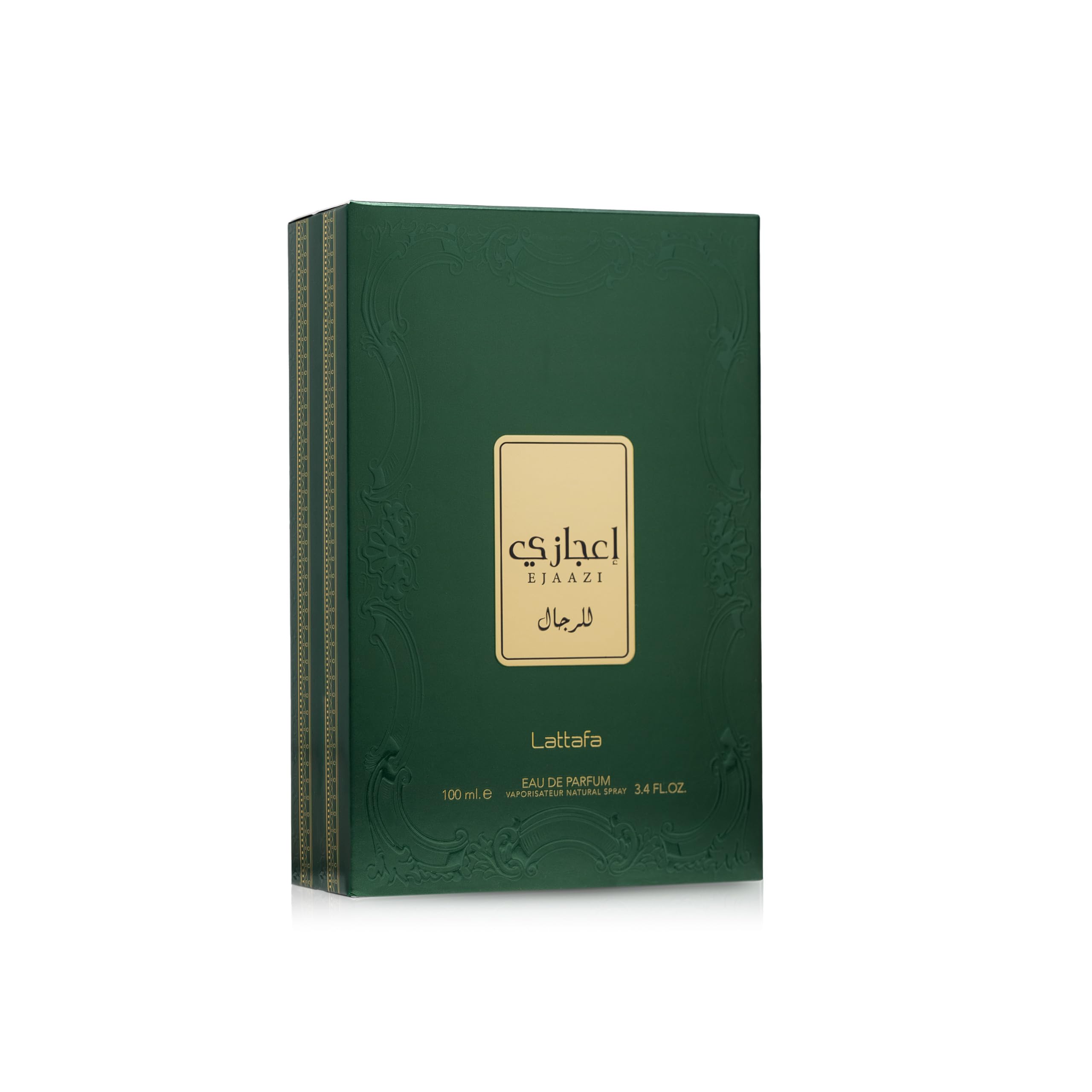 Lattafa Ejaazi side label close-up highlighting notes and product information benefit