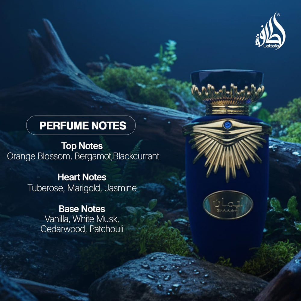 Lattafa Emaan fragrance splash in air conveying fresh top-note character