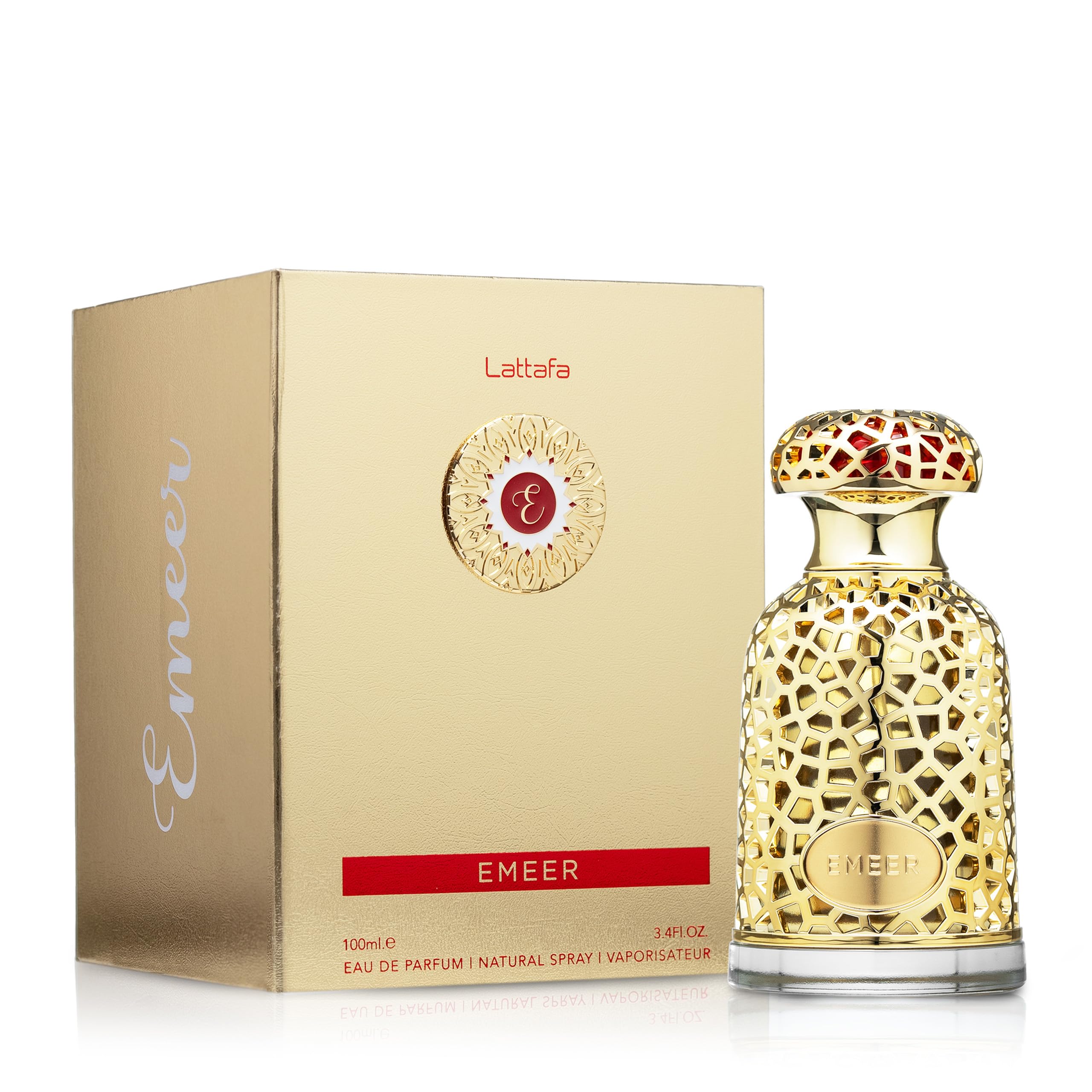 Lattafa Emeer packaging and bottle displayed together emphasizing gift-ready presentation