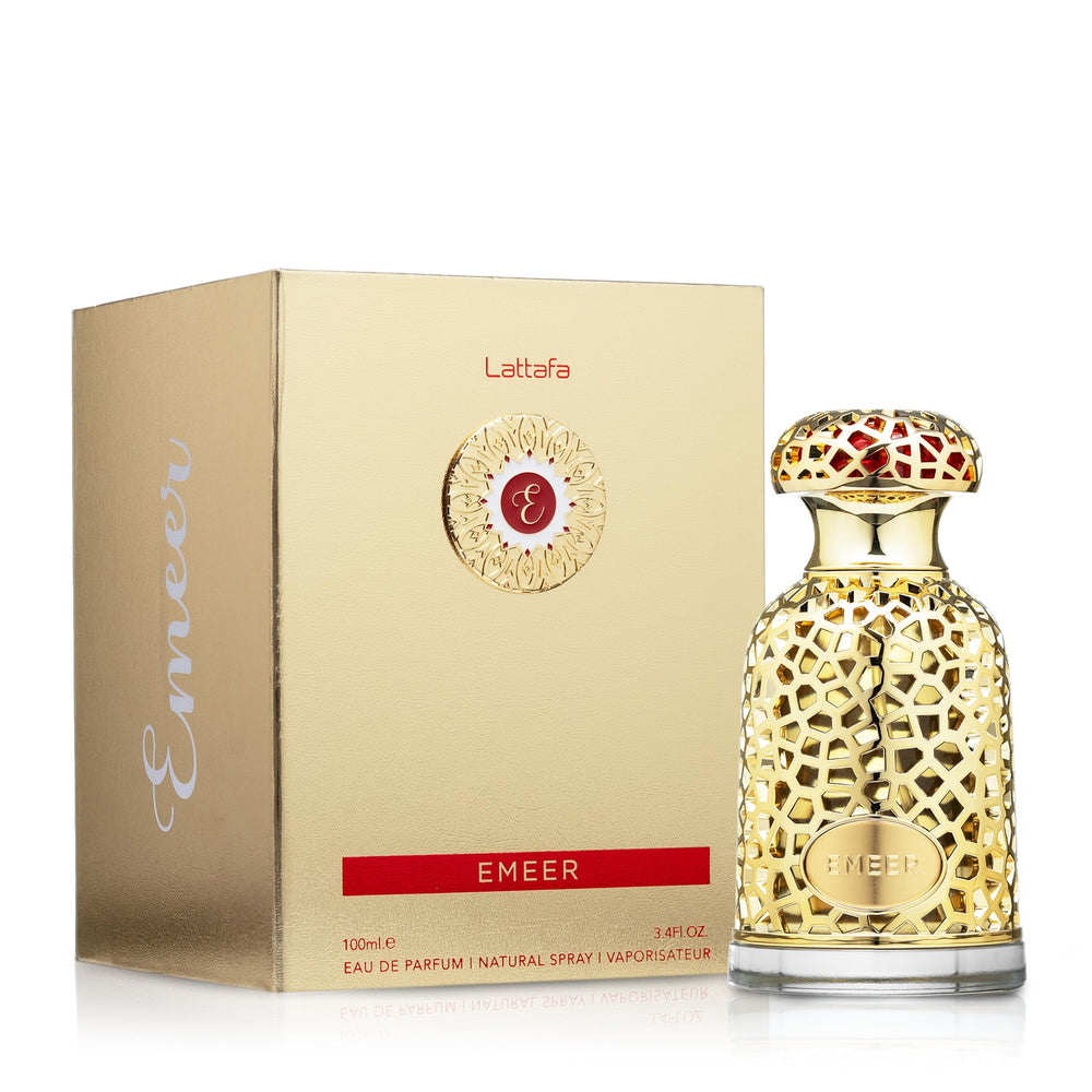 Lattafa Emeer packaging and bottle displayed together emphasizing gift-ready presentation