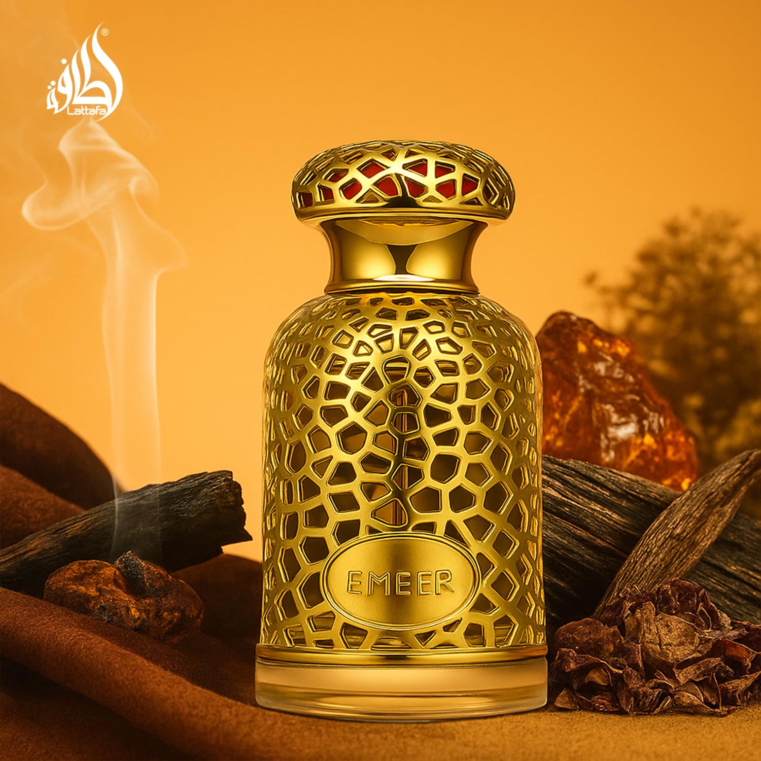Lattafa Emeer ingredient arrangement showing citrus, spices and woods for scent clarity