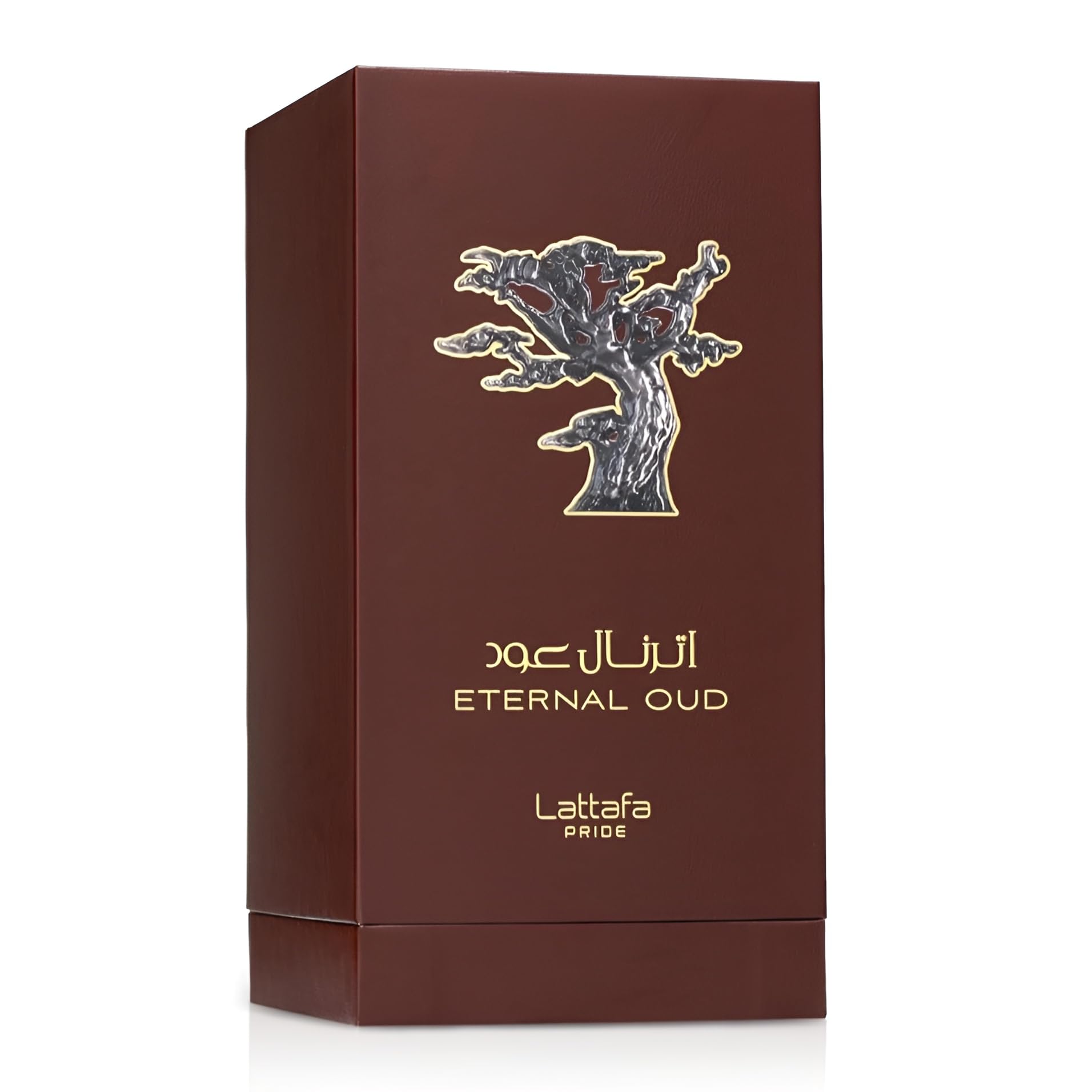 Lattafa Eternal Oud bottle next to ruler illustrating 3.4 ounce size