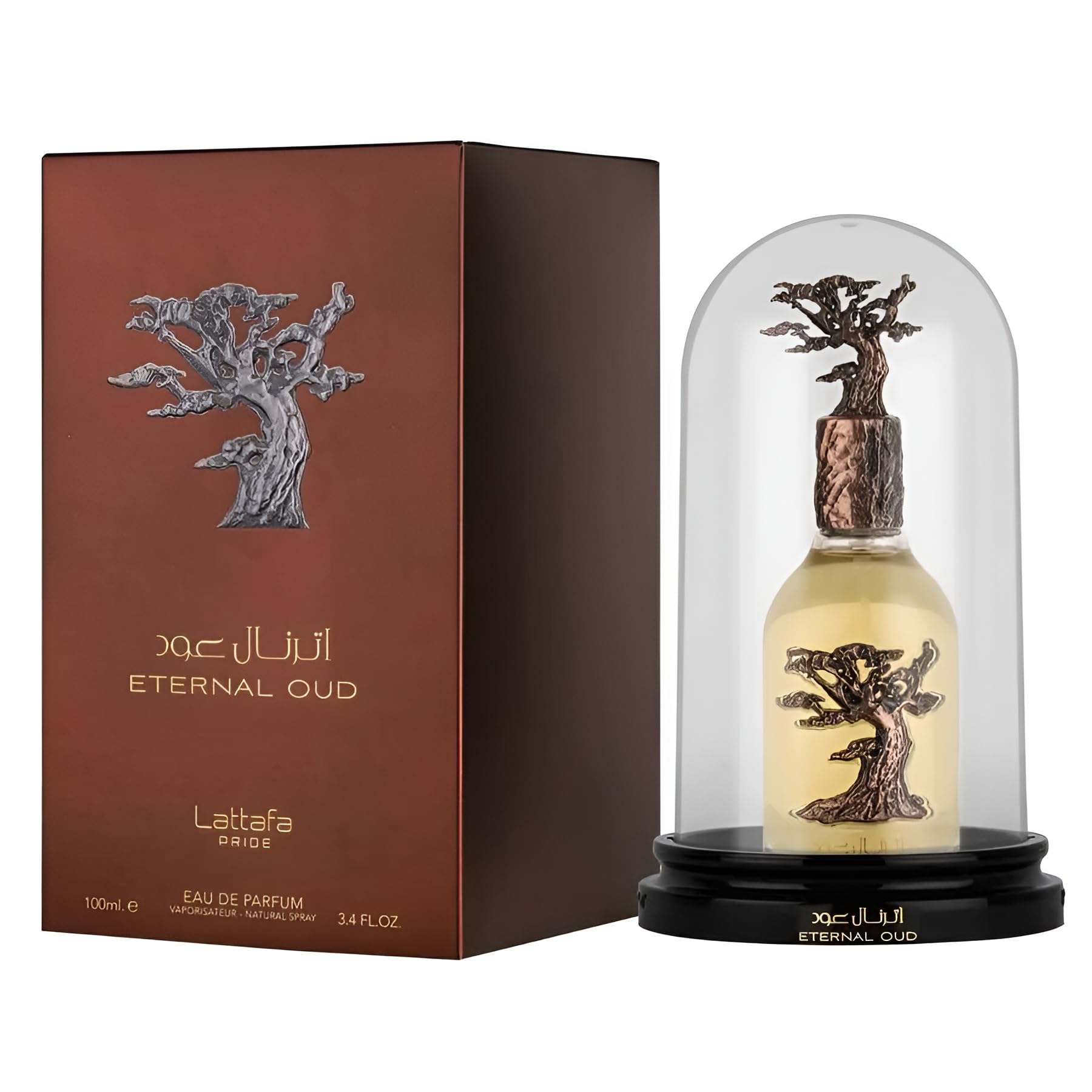 Lattafa Eternal Oud ingredient arrangement with plum, grapefruit, oud visuals