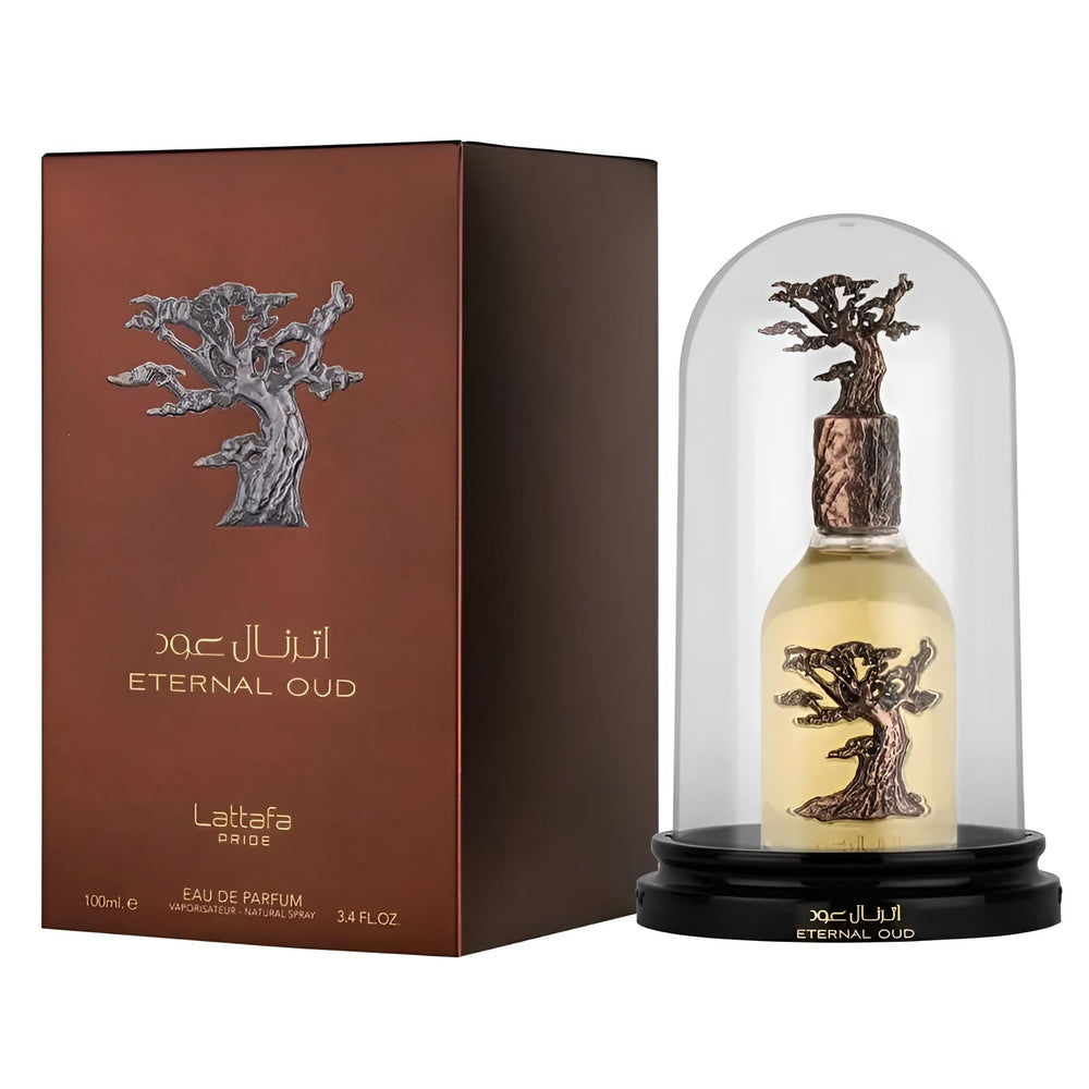 Lattafa Eternal Oud ingredient arrangement with plum, grapefruit, oud visuals