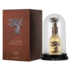 Lattafa Eternal Oud ingredient arrangement with plum, grapefruit, oud visuals