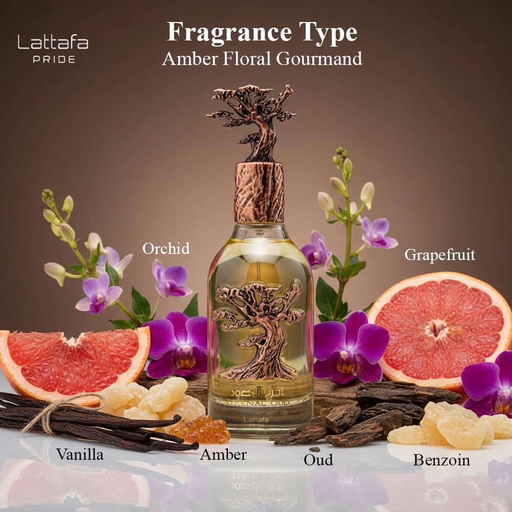 Lattafa bottle next to ruler showing 3.4 ounce size and scale