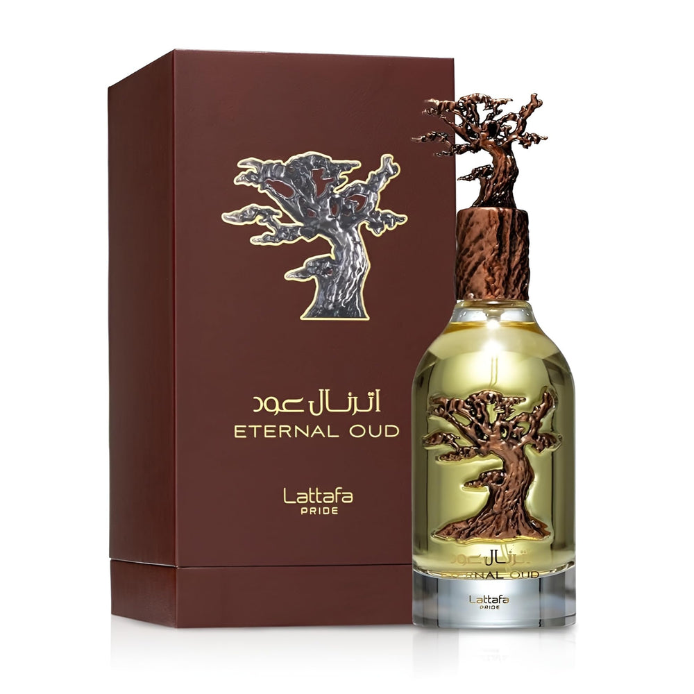 Lattafa Eternal Oud side label close-up highlighting notes and quality