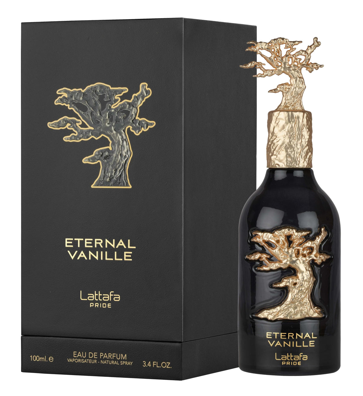 Lattafa Eternal Vanille front bottle showing elegant glass and branding, conveys premium gift appeal