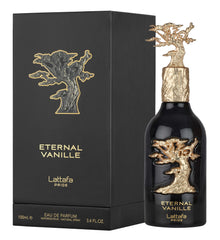 Lattafa Eternal Vanille front bottle showing elegant glass and branding, conveys premium gift appeal
