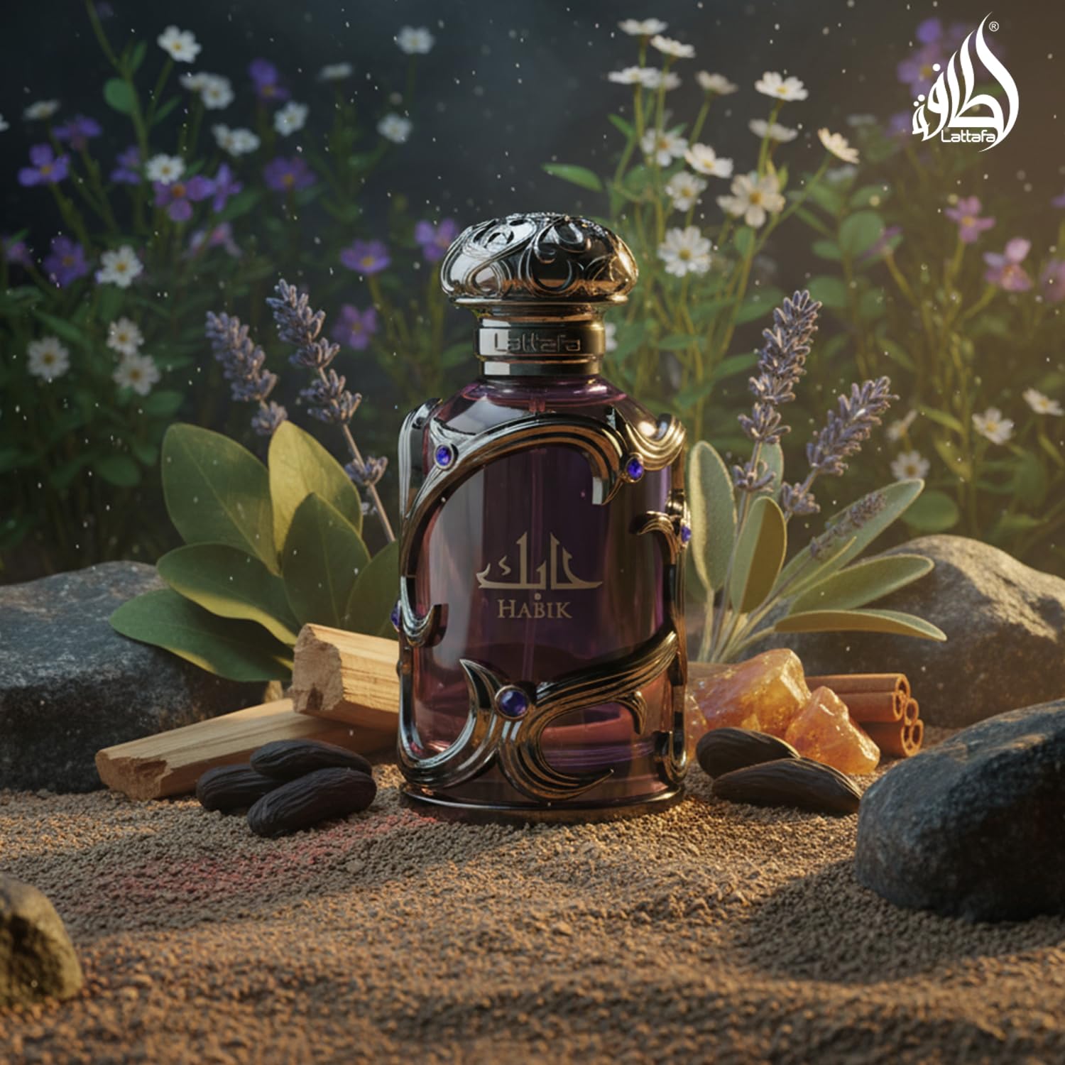 Lattafa Habik ingredient display with cardamom and bergamot to show fragrance notes