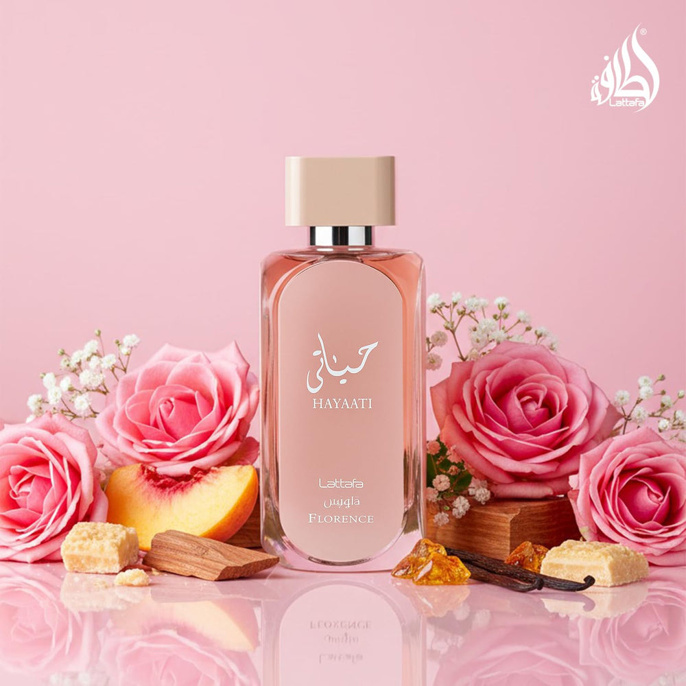 Lattafa Hayaati Florence close-up of label and glass texture highlighting premium finish