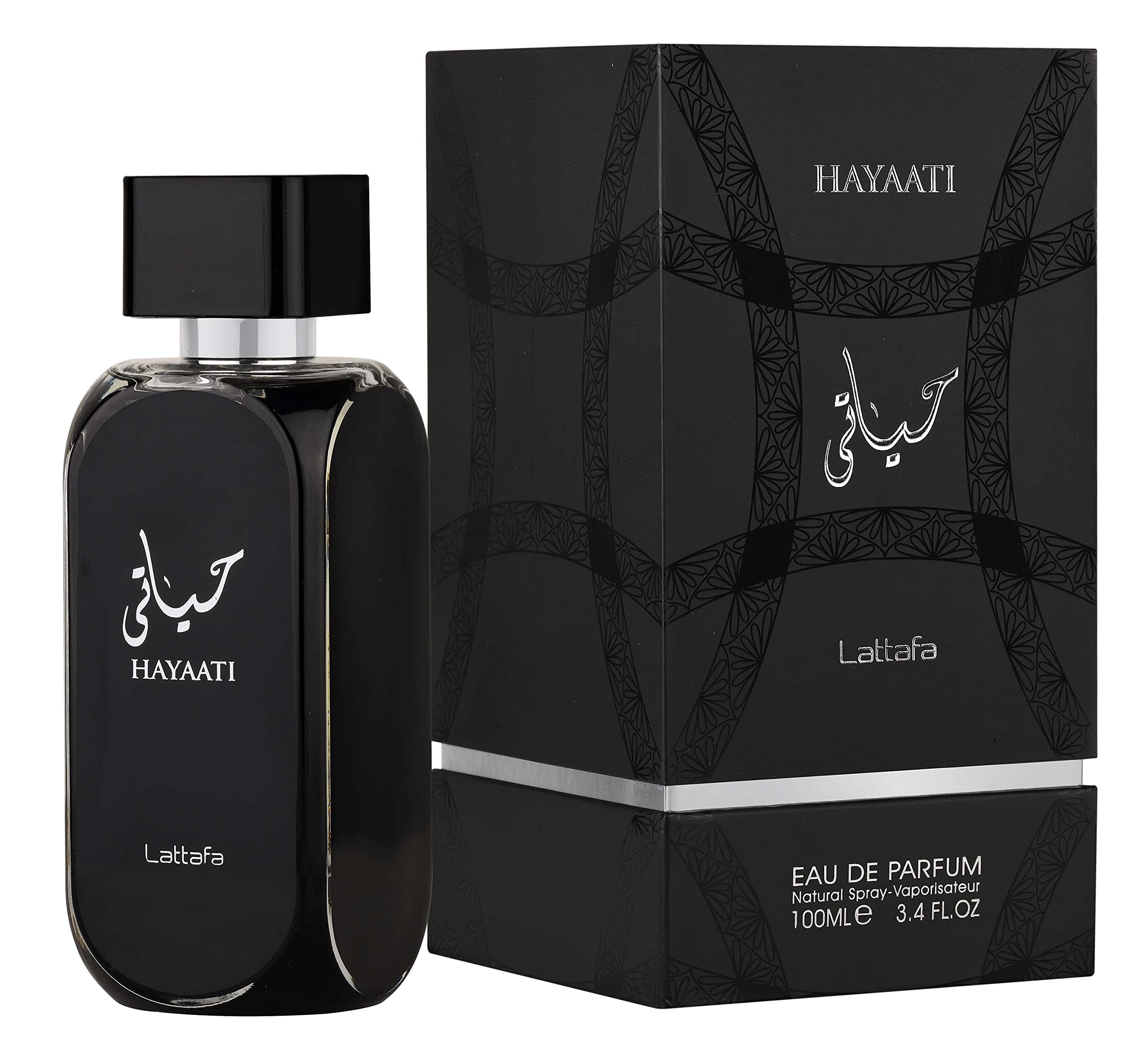 Lattafa Hayaati front bottle showing clean design and size benefit