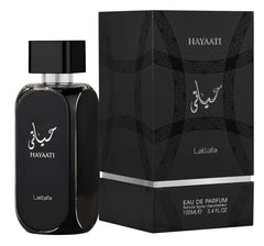 Lattafa Hayaati front bottle showing clean design and size benefit