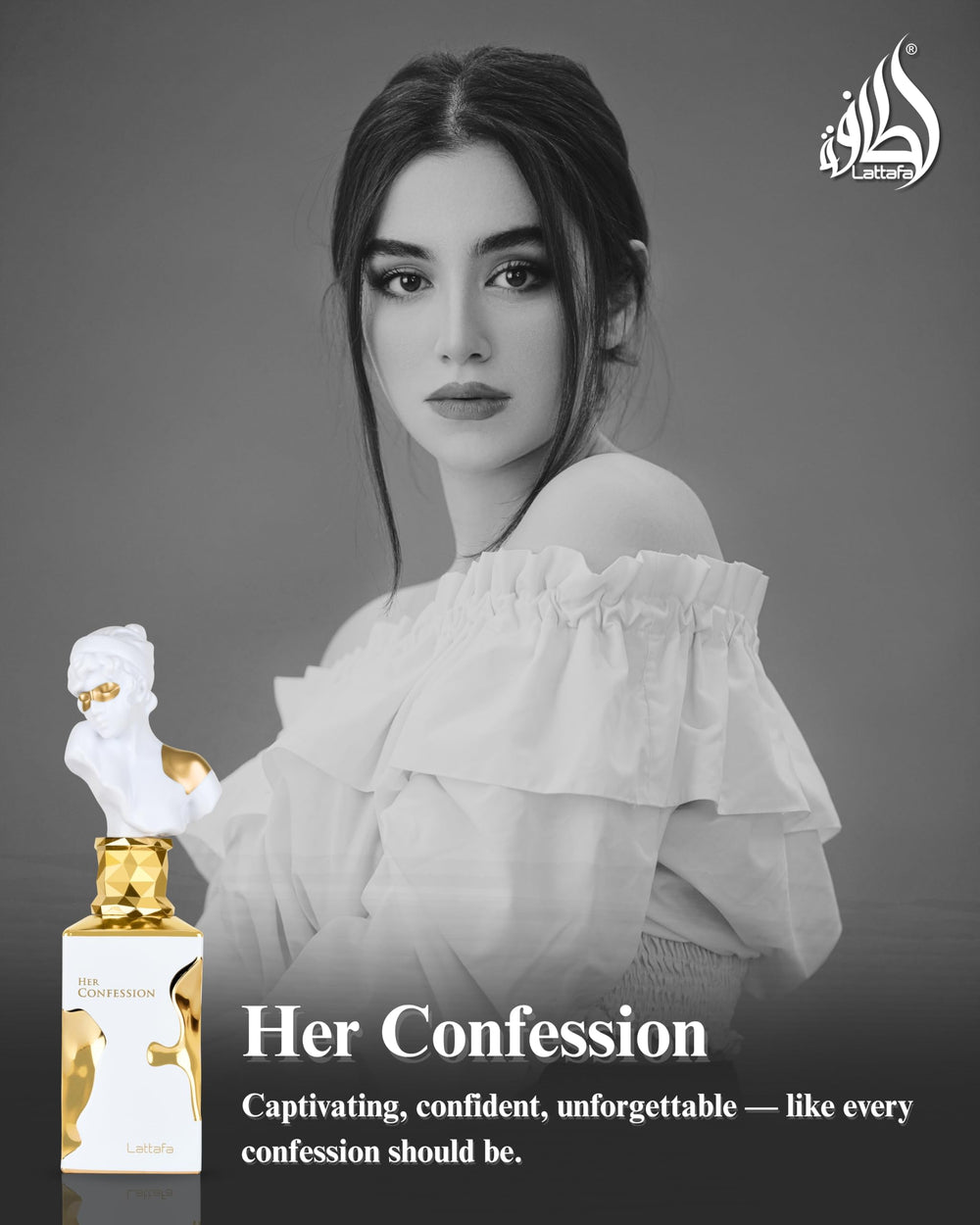 Lattafa Her Confession notes display with vanilla, jasmine, tonka beans benefit clarity