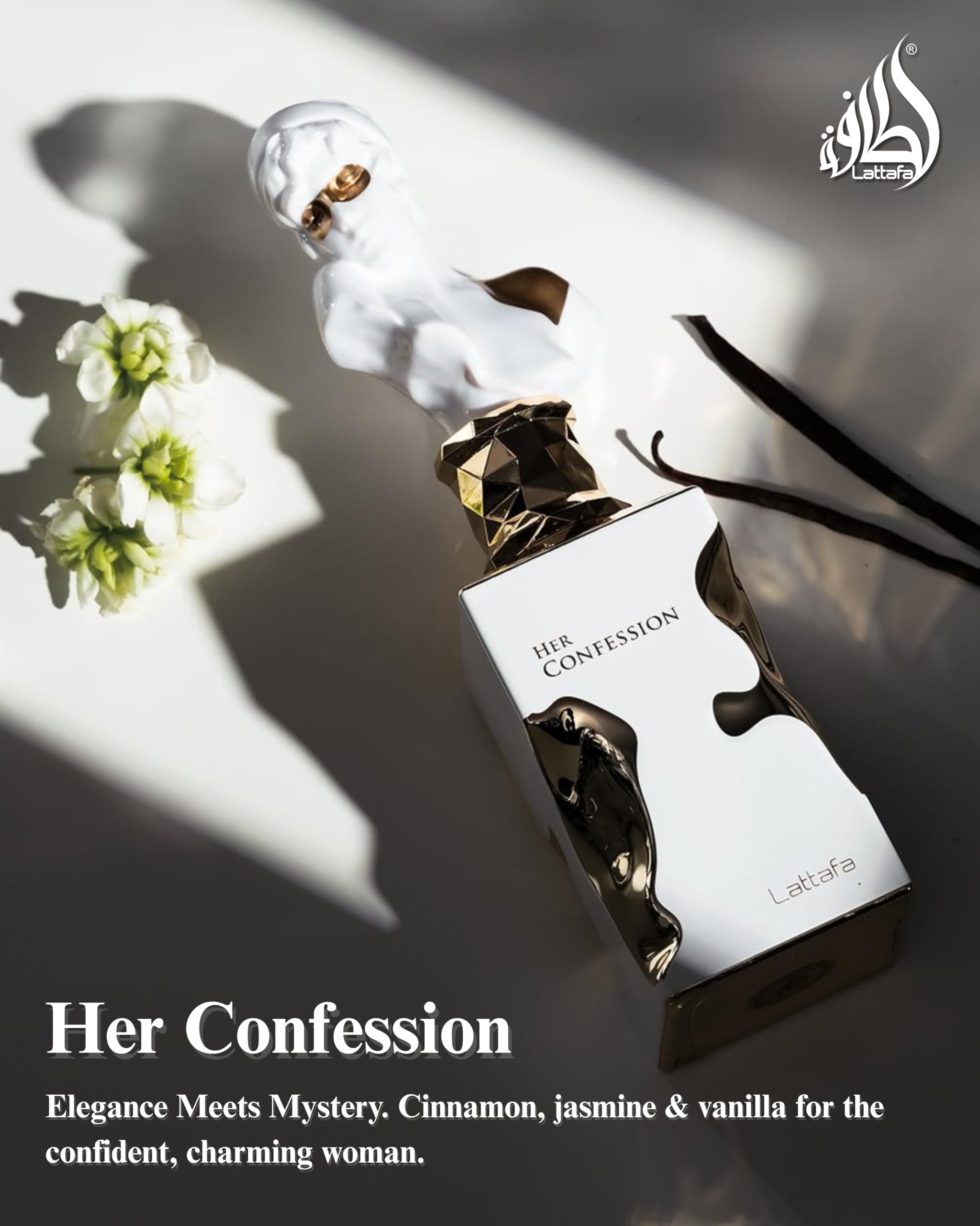 Lattafa Her Confession bottle in a vanity lifestyle scene suggesting daily elegance