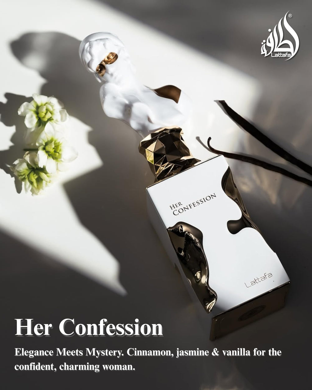 Lattafa Her Confession bottle in a vanity lifestyle scene suggesting daily elegance