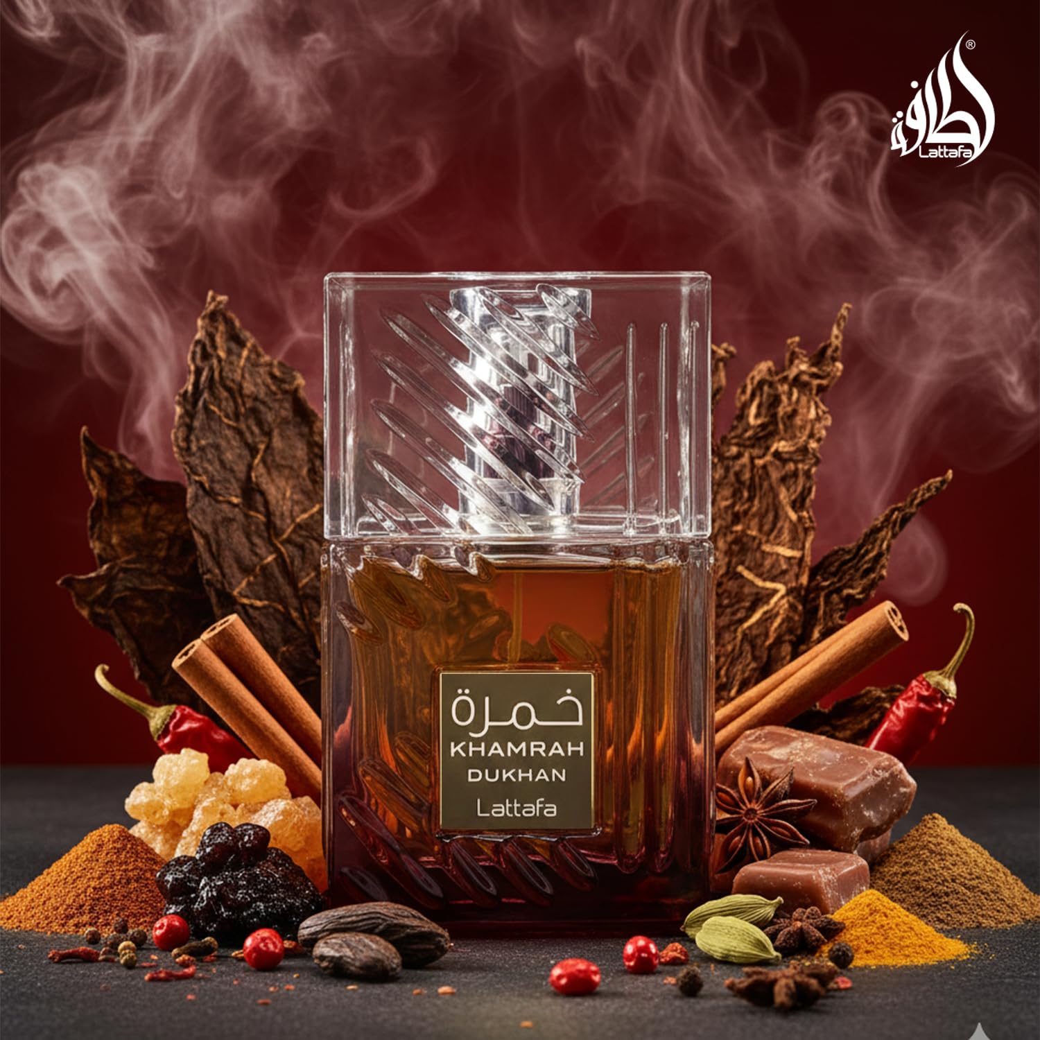 Lattafa bottle staged in evening setting, conveys warm, sophisticated mood