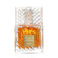 Lattafa Khamrah front bottle view showing elegant glass and warm tones