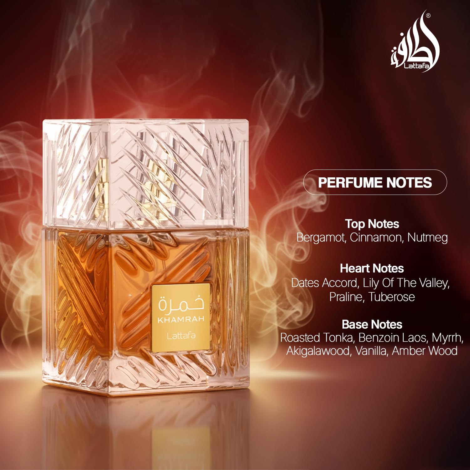 Lattafa Khamrah composition styled with dates and cinnamon to show accords
