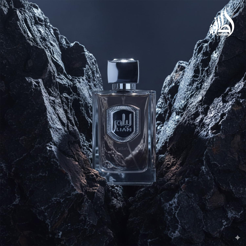 Lattafa Liam Grey 100ml next to common item for size reference