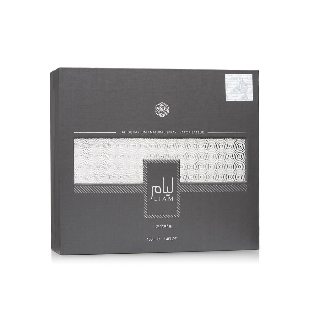Lattafa Liam Grey angled bottle highlighting glass and label benefit