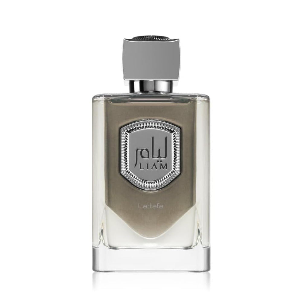 Lattafa Liam Grey bottle beside packaging showing branding and gift-ready presentation benefit