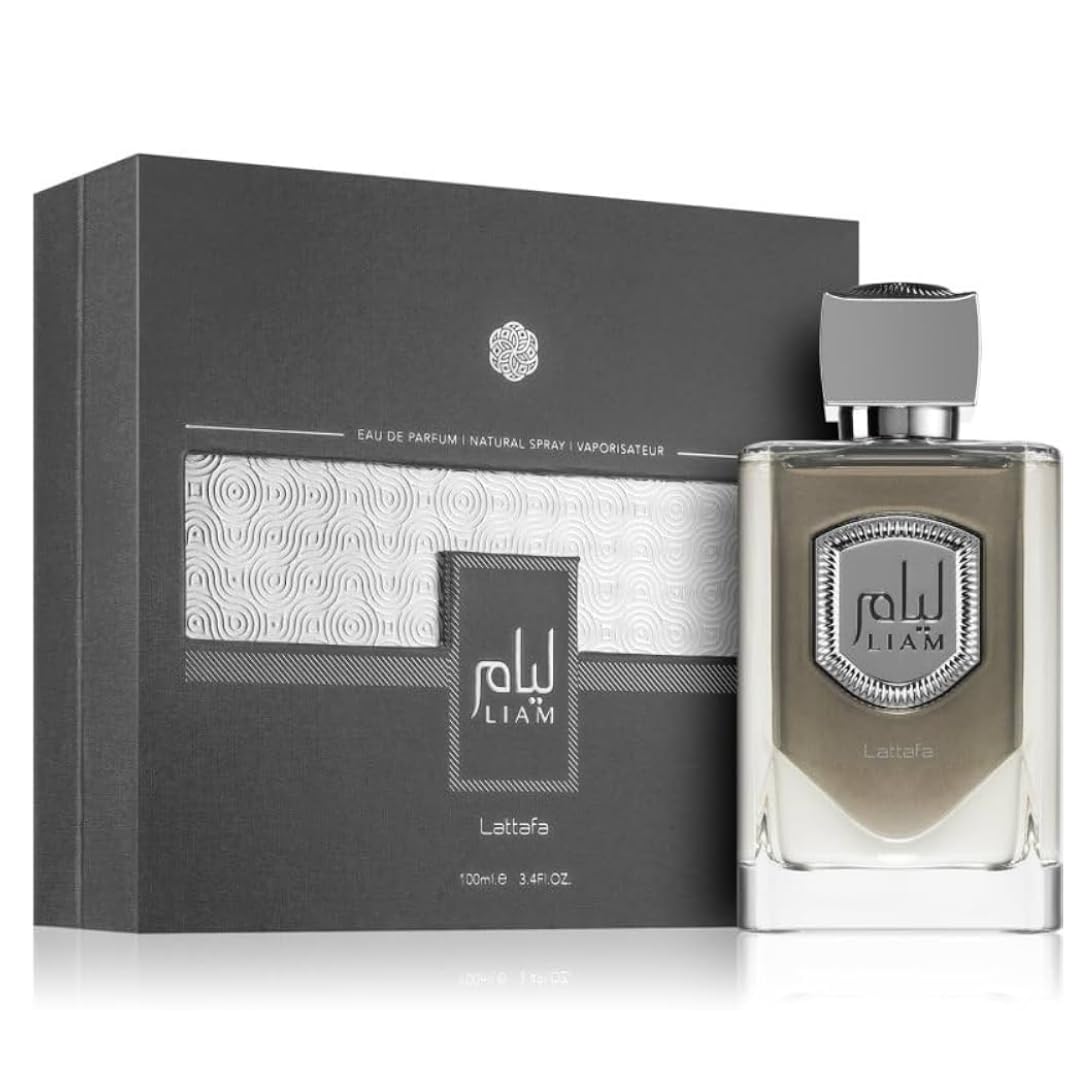 Lattafa Liam Grey front bottle showing sleek design and premium look benefit: visual appeal