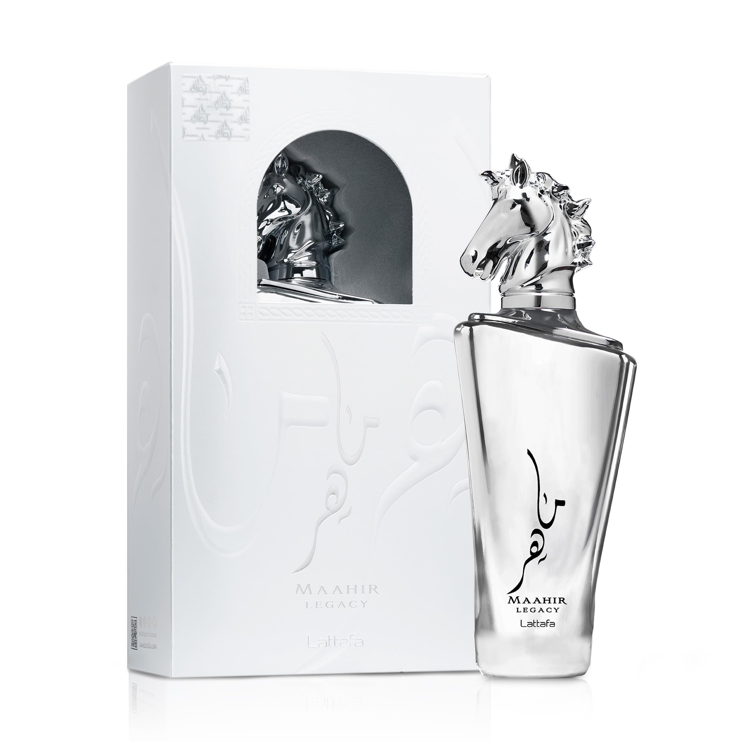Lattafa Maahir Legacy packaging and cap displayed, brand presentation and unboxing benefit