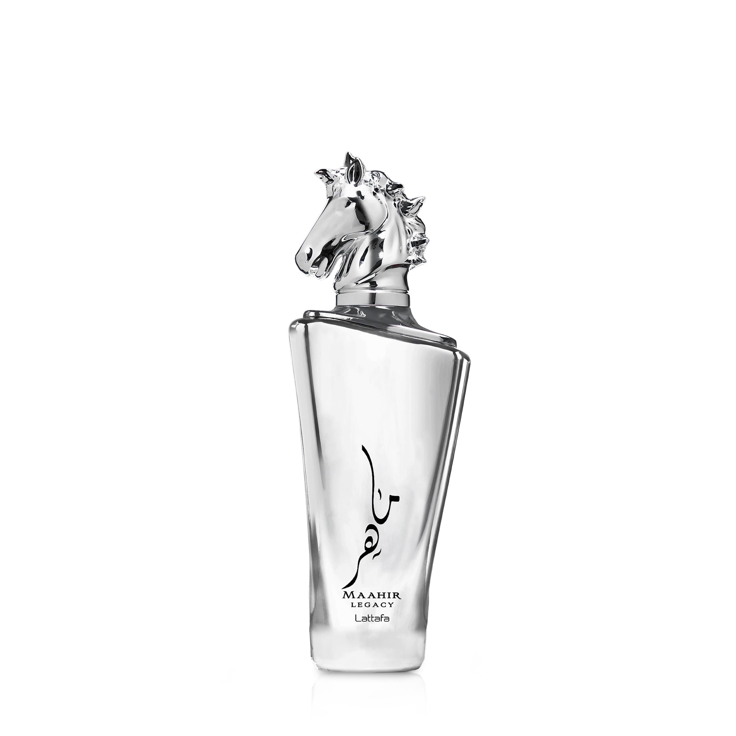 Lattafa Maahir Legacy front bottle showing elegant glass and label, highlights premium look