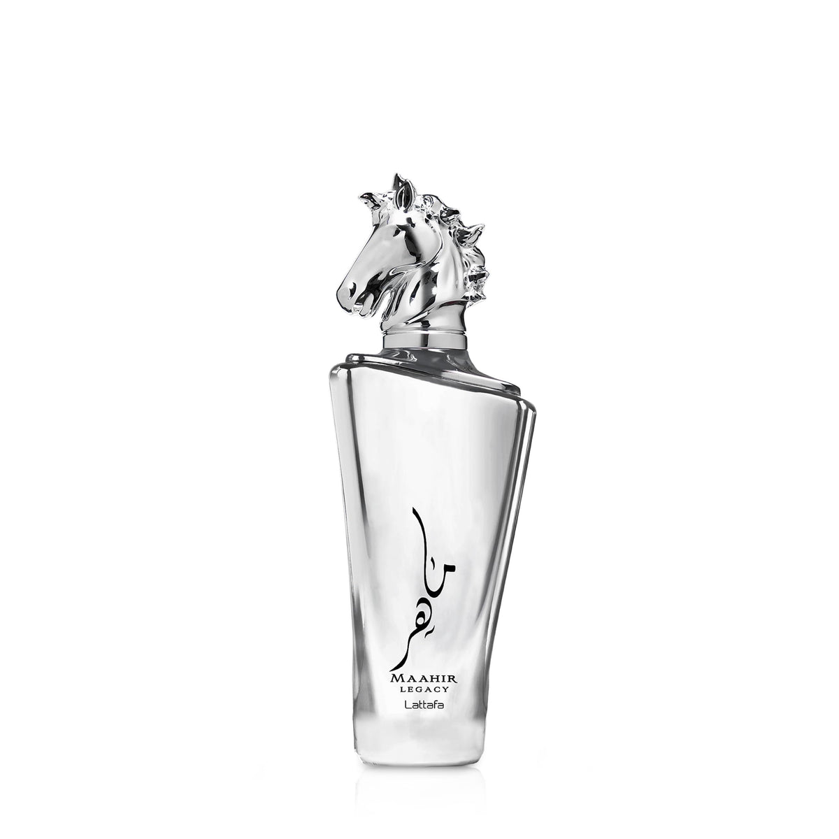 Lattafa Maahir Legacy front bottle showing elegant glass and label, highlights premium look