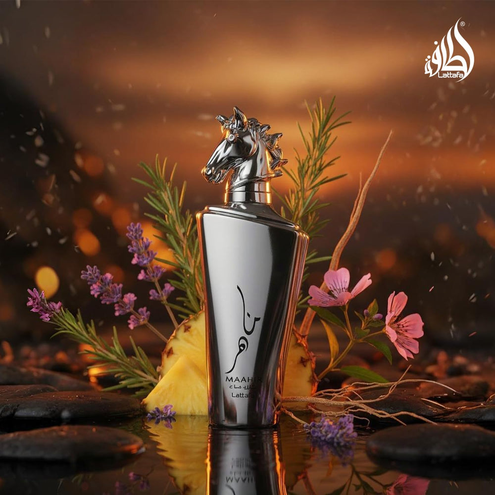 Lattafa Maahir Legacy next to a 100ml scale prop, brand size and portability benefit