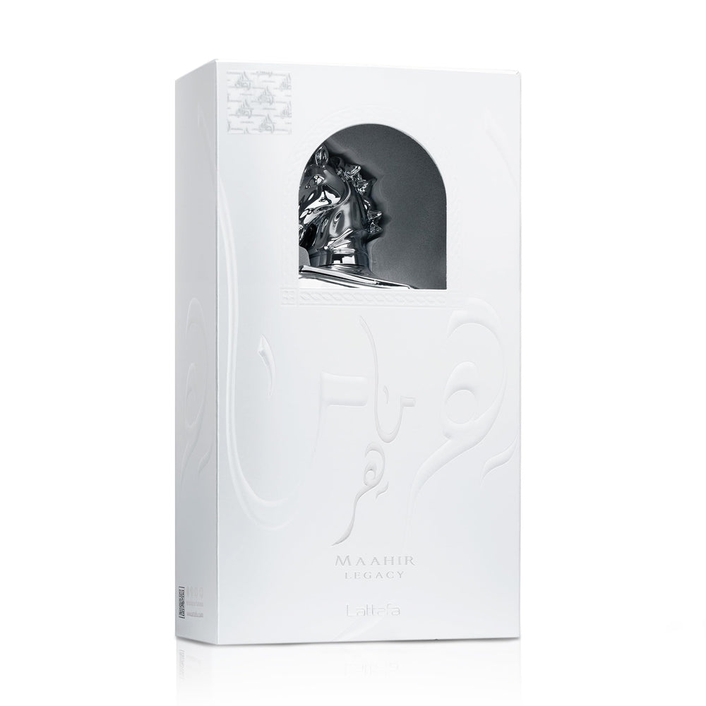 Lattafa Maahir Legacy spray action releasing a fine mist, brand fresh application benefit