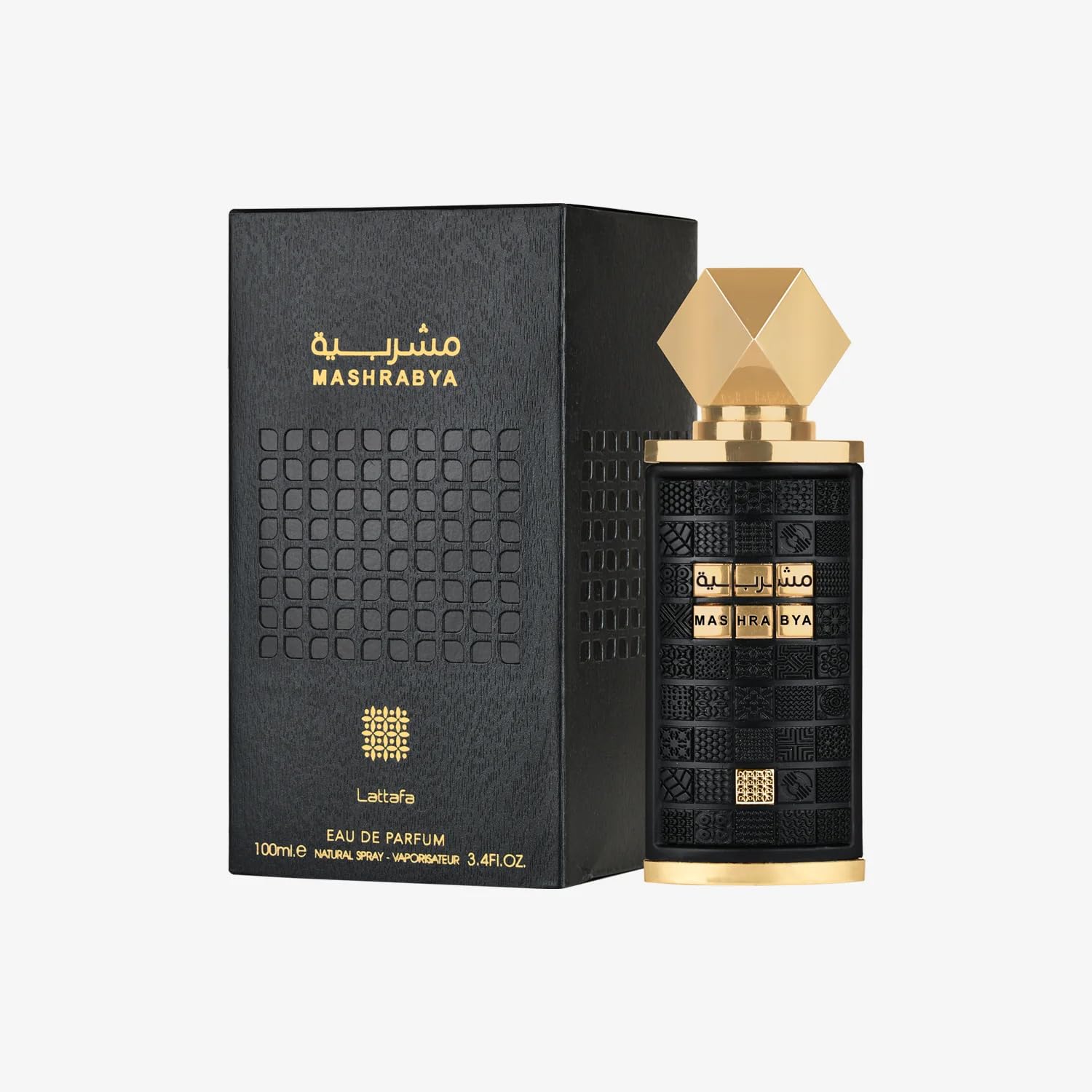 Lattafa Mashrabya bottle close-up highlighting design and spray nozzle