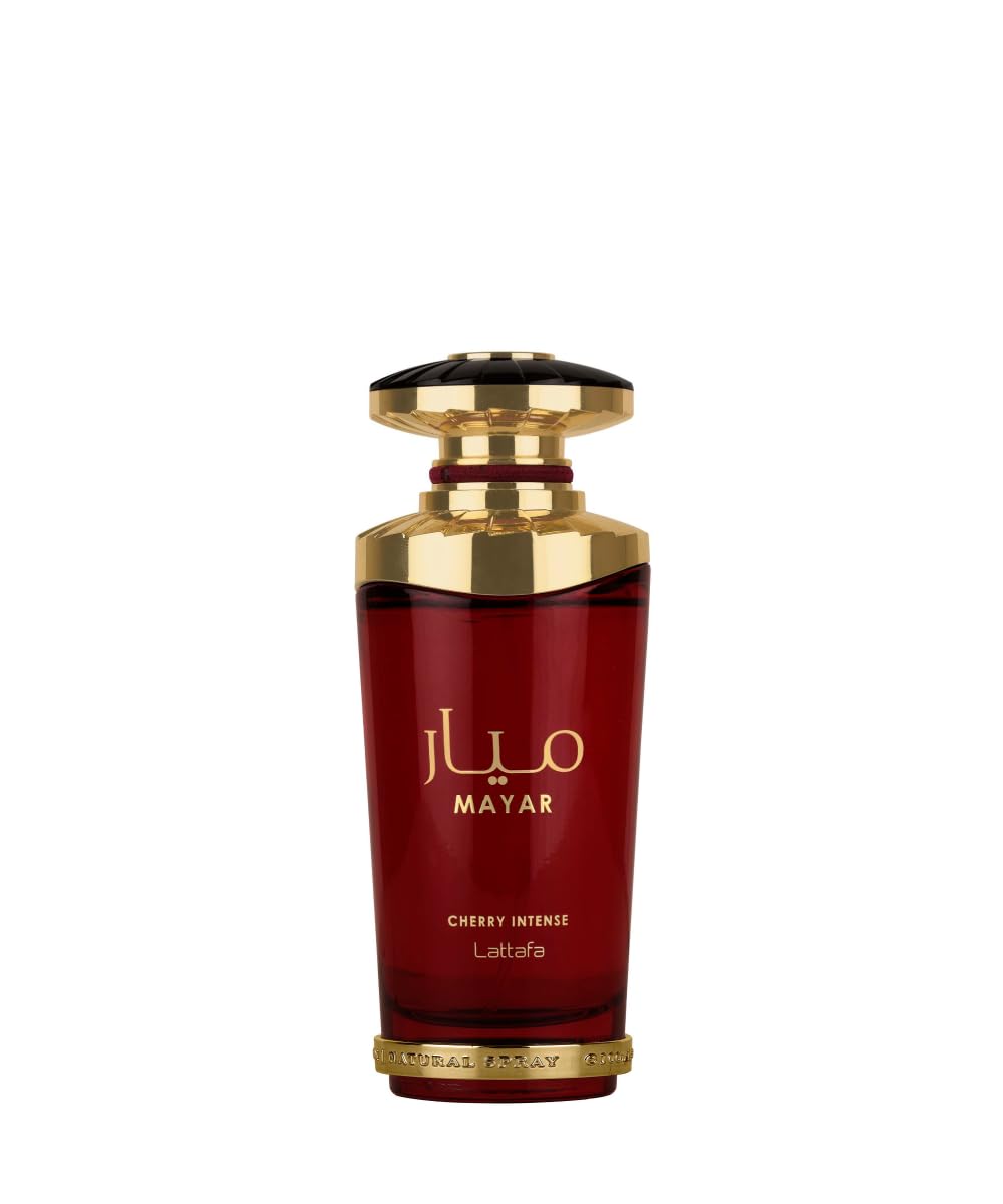 Lattafa Mayar Cherry Intense front bottle showcasing sleek branding and elegant design benefits a confident presentation