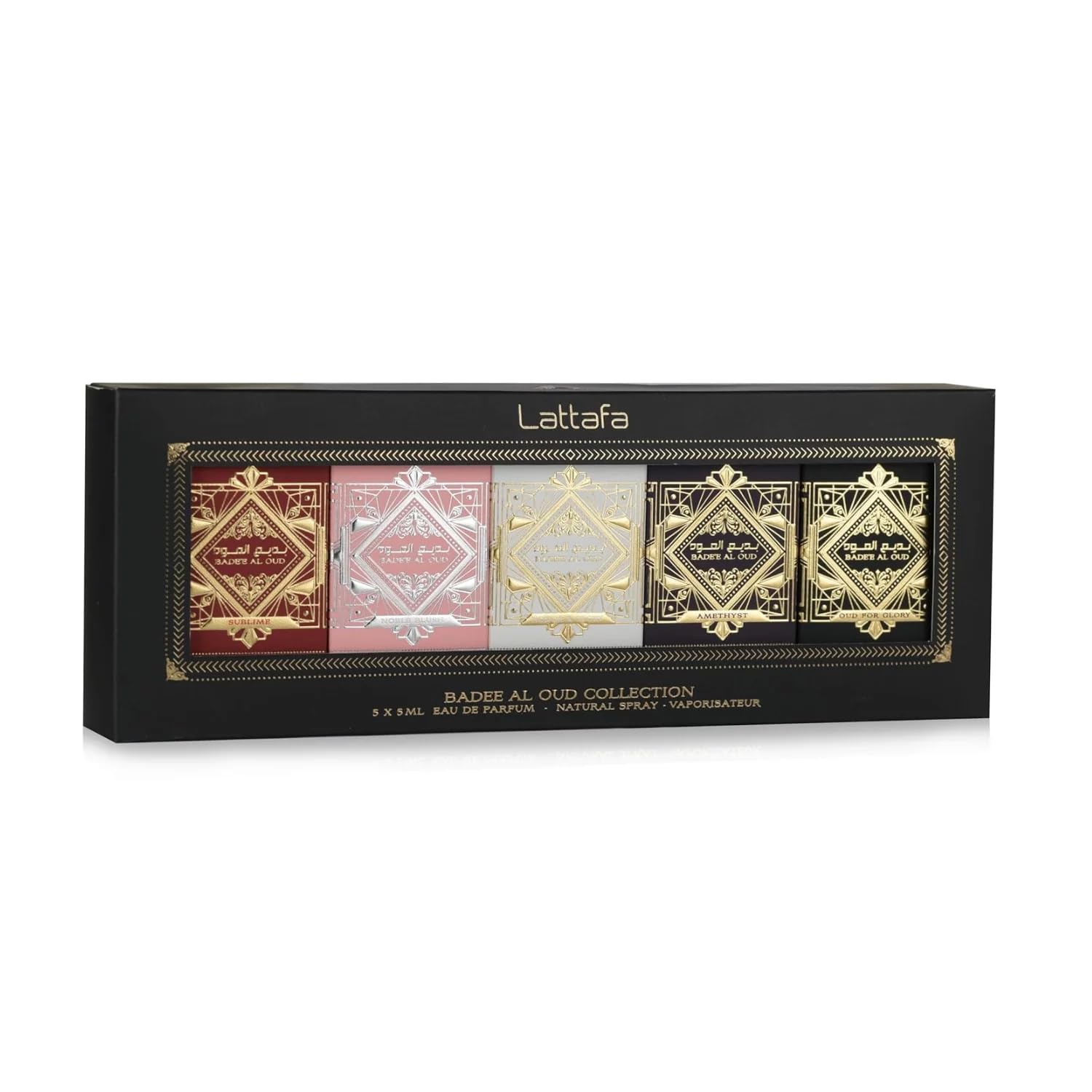 Close-up of Lattafa miniature bottle label highlighting scent identity and premium detailing