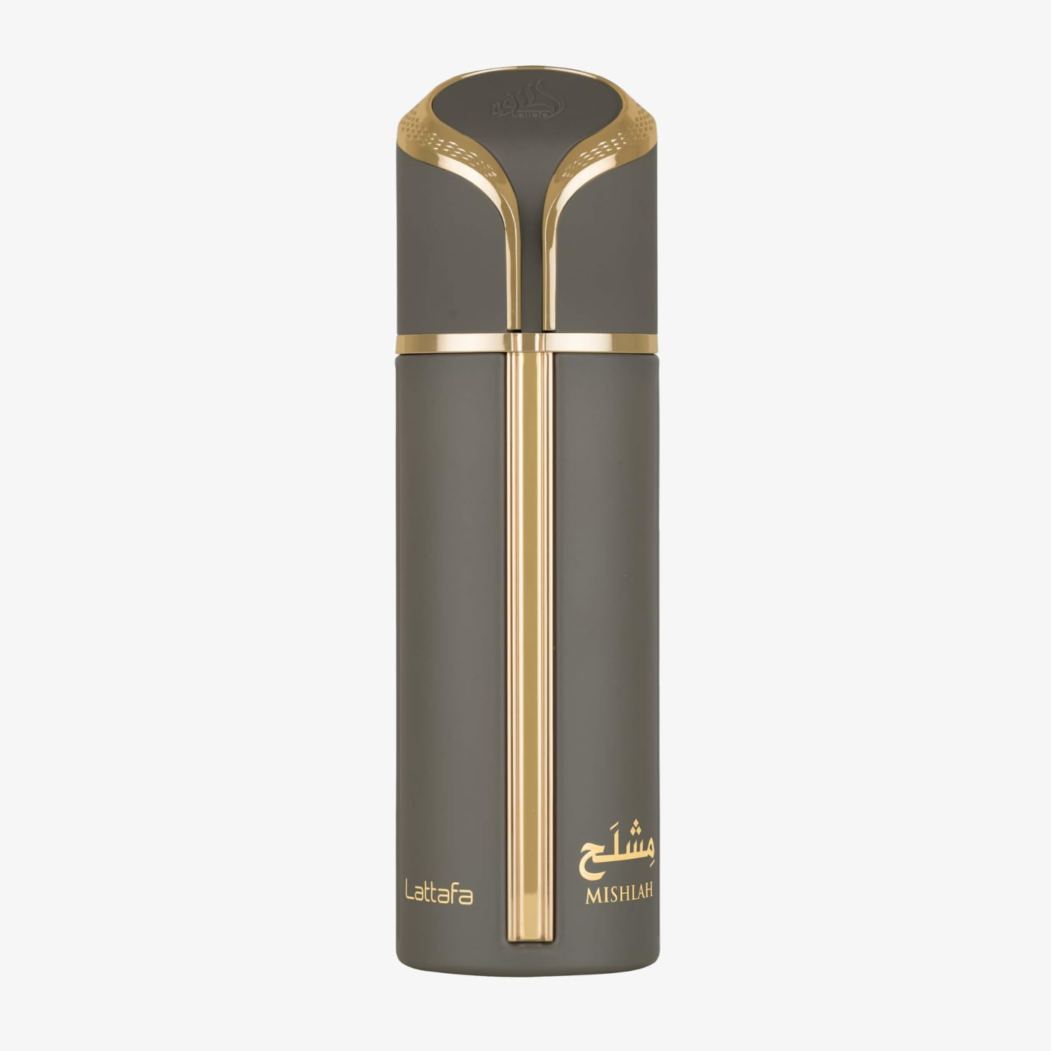 Lattafa Mishlah bottle close-up of matte charcoal and gold accents, conveying luxurious detail