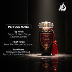 Lattafa Mohra close-up on label detail showing notes and clear brand information