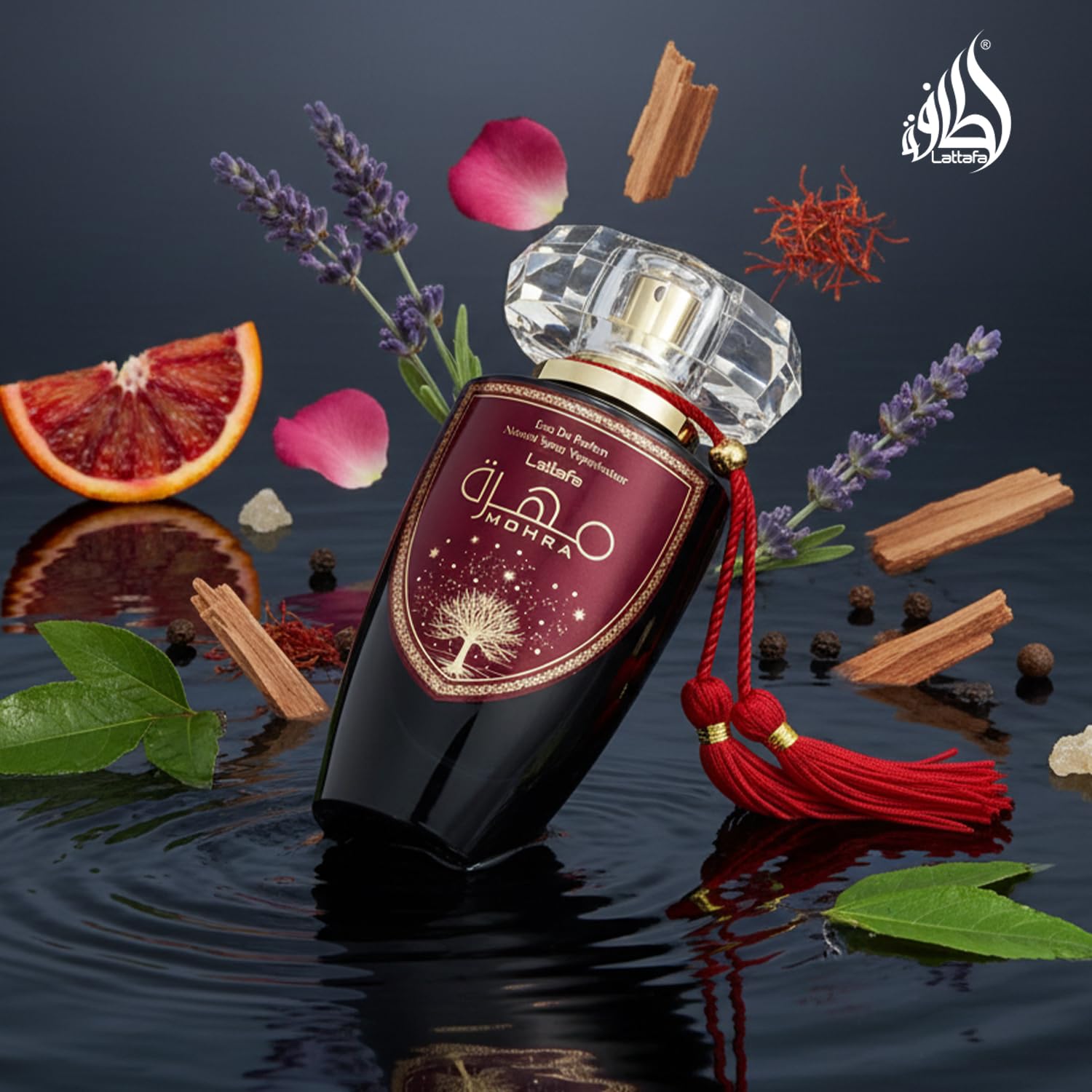 Lattafa Mohra amber fragrance liquid in bottle illustrating color and richness