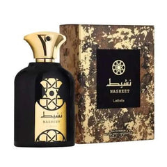Lattafa Nasheet bottle front view showing elegant design and clear glass for confident unisex wear