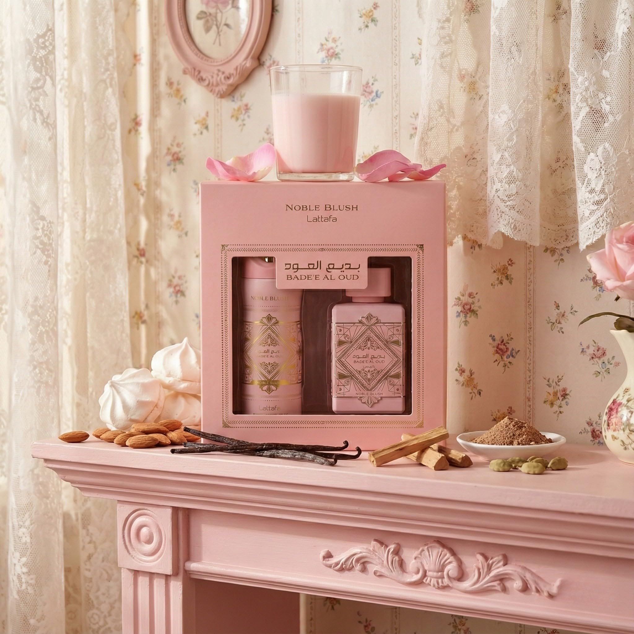 Lattafa Noble Blush 200ml perfumed spray in hand illustrating easy refresh and all-over misting