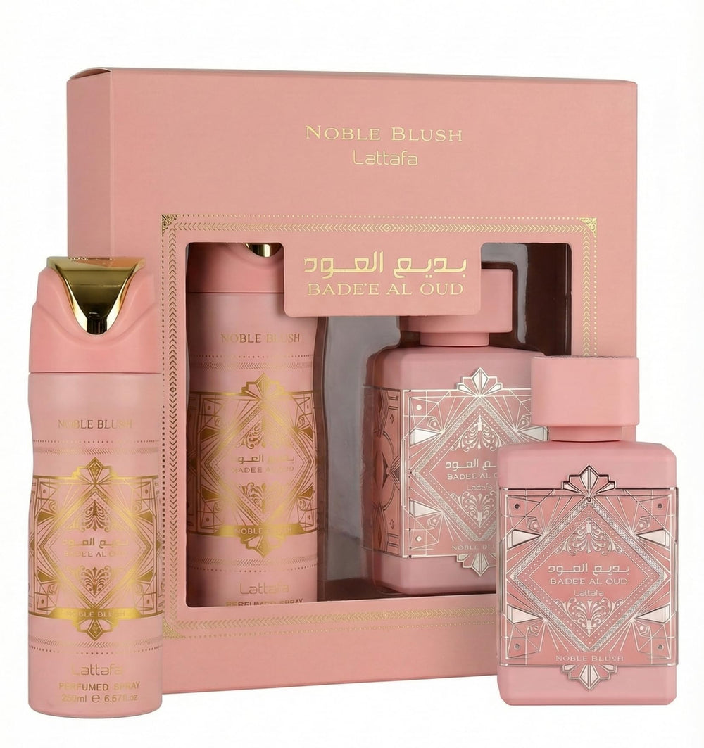Lattafa Noble Blush EDP bottle close-up highlighting luxurious bottle details and premium feel