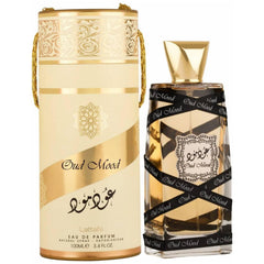 Lattafa Oud Mood front bottle view showing elegant label and size benefit
