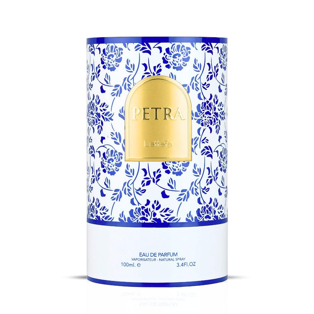 Lattafa Petra notes display with plum and tuberose conveying the scent profile