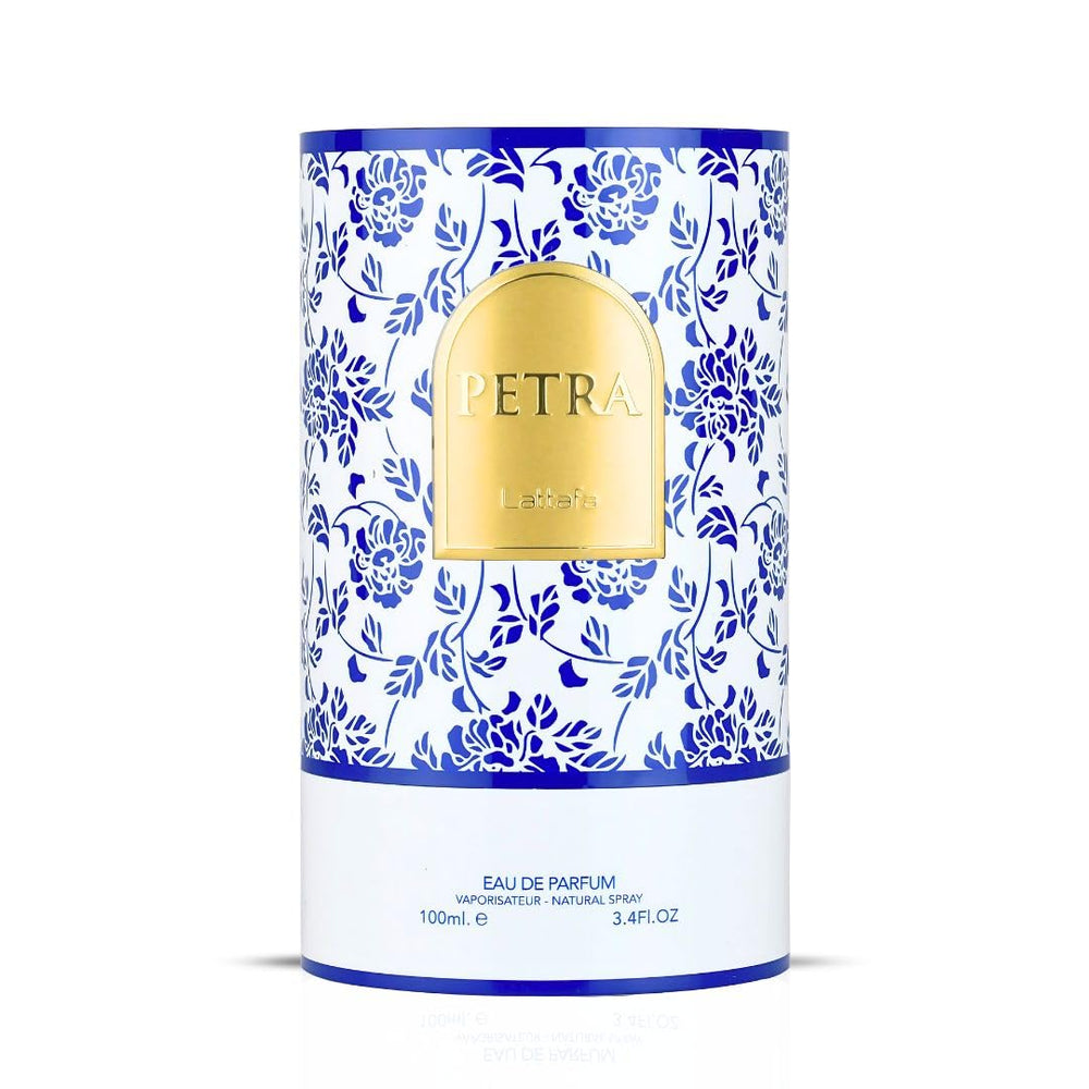 Lattafa Petra notes display with plum and tuberose conveying the scent profile
