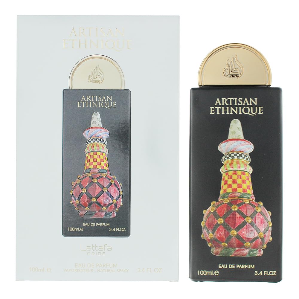 Lattafa Pride Artisan Ethnique bottle front view showing elegant label and generous 100ml size benefit