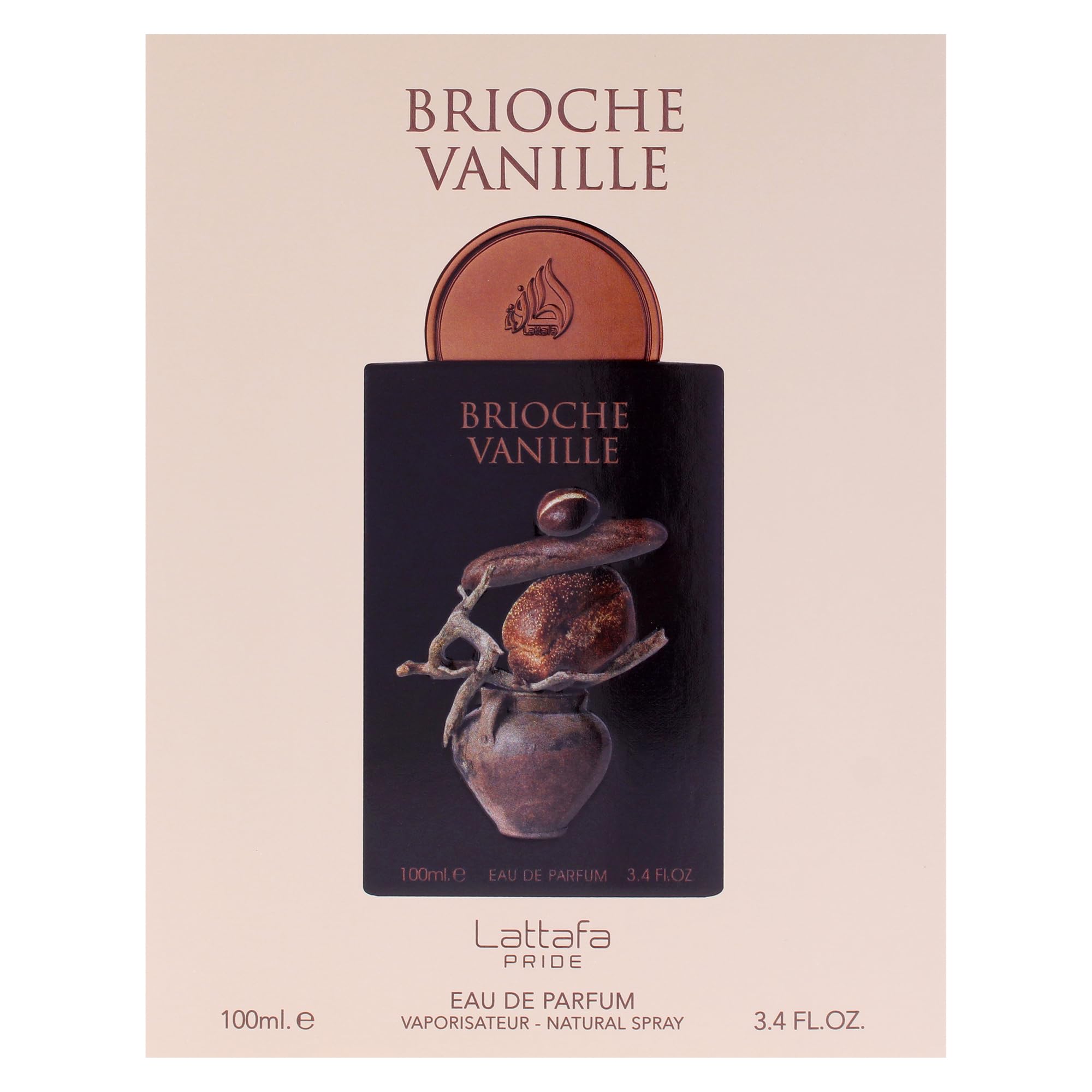 Lattafa Pride Brioche Vanille bottle in hand illustrating 100ml scale and portability